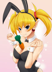 Rule 34 | 1girl, animal ears, aq interactive, arcana heart, atlus, between breasts, blonde hair, blue eyes, blush, breasts, carrot, cleavage, detached collar, earrings, examu, fake animal ears, fang, fishnet pantyhose, fishnets, jewelry, lilica felchenerow, long hair, pantyhose, playboy bunny, pointy ears, rabbit ears, rabbit tail, solo, tail, tomatto (@ma!), twintails, wrist cuffs