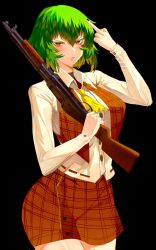 Rule 34 | 1girl, ascot, black background, black nails, breasts, closed mouth, collared shirt, commentary, cowboy shot, english commentary, green hair, gun, highres, holding, holding gun, holding weapon, kazami yuuka, large breasts, long sleeves, looking at viewer, middle finger, plaid, plaid skirt, plaid vest, pump action, red eyes, red skirt, red vest, shirt, short hair, shotgun, simple background, skirt, solo, tomatolover16, touhou, v-shaped eyebrows, vest, weapon, white shirt, yellow ascot