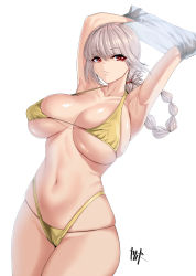 Rule 34 | 1girl, absurdres, armpits, arms up, bare shoulders, bikini, braid, braided ponytail, breasts, cleavage, collarbone, fate/grand order, fate (series), florence nightingale (fate), folded ponytail, highleg, highleg bikini, highres, kisaragi tsurugi, large breasts, long hair, looking at viewer, navel, pink hair, red eyes, simple background, solo, swimsuit, thighs, white background, yellow bikini