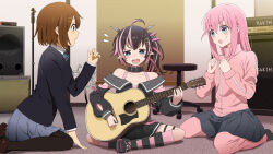 Rule 34 | 3girls, acoustic guitar, ahoge, amplifier, belt, belt collar, black belt, black footwear, black hair, black jacket, black pantyhose, black skirt, black sleeves, blue eyes, blush, bocchi the rock!, bra, brown eyes, brown hair, collar, commentary, crossover, demon girl, demon horns, demon tail, detached sleeves, fangs, flat chest, flower, flying sweatdrops, full body, gotoh hitori, grey horns, grey skirt, guitar, hair between eyes, hair flower, hair ornament, hair ribbon, highres, hirasawa yui, holding, holding instrument, horns, indian style, indoors, instrument, jacket, k-on!, long hair, long sleeves, looking at another, medium bangs, microphone stand, multicolored hair, multiple crossover, multiple girls, music, nanashi inc., off shoulder, oinomori may, oinomori may (1st costume), one side up, open clothes, open jacket, open mouth, pants, pants under skirt, pantyhose, pink bra, pink hair, pink jacket, pink pants, pink ribbon, pink socks, playing instrument, pleated skirt, plectrum, pointy ears, ribbon, sakuragaoka high school uniform, school uniform, shoes, short hair, sitting, skirt, sleeveless, sleeveless jacket, socks, speaker, stool, studded footwear, tail, track jacket, track pants, two-tone hair, ucbjw5p6zb79750, underwear, virtual youtuber