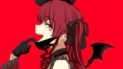 Rule 34 | 1girl, black choker, black gloves, brown eyes, character name, choker, ear piercing, eyepatch, fang, frilled choker, frills, from side, gloves, hair behind ear, highres, hololive, houshou marine, mask pull, nikujag96737782, piercing, red background, red hair, smile, solo, twintails, vampire (vocaloid), virtual youtuber, vocaloid