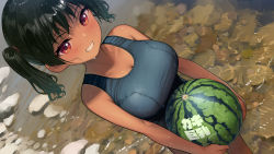 Rule 34 | 1girl, black hair, blue one-piece swimsuit, breasts, cleavage, clenched teeth, colored eyelashes, commentary request, dark-skinned female, dark skin, food, fruit, highres, holding, holding food, holding fruit, kaedeko (kaedelic), large breasts, looking at viewer, one-piece swimsuit, original, popsicle, red eyes, sasaki kanna (kaedeko), school swimsuit, short hair, smile, solo, swimsuit, teeth, twintails, water, watermelon bar, wet