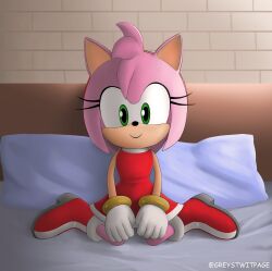 Rule 34 | 1girl, 2022, 20s, absurdres, amy rose, bed, bedroom, boots, dress, eyelashes, female focus, full body, furry, furry female, gloves, green eyes, greystwitpage, hair ornament, hands on lap, headband, hedgehog, hedgehog ears, highres, indoors, looking at viewer, on bed, pillow, pink fur, red dress, red headband, sega, sitting, smile, solo, sonic (series), twitter username, white gloves