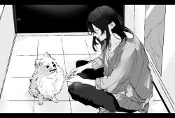 Rule 34 | 1girl, absurdres, chihuahua, closed eyes, commentary request, dog, greyscale, highres, indoors, ito shiori, letterboxed, long hair, long sleeves, monochrome, original, pants, parted lips, shisa co, solo, squatting, sweater, tile floor, tiles