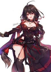 Rule 34 | 1girl, alternate costume, asymmetrical clothes, black hair, breasts, cleavage, clothes, coat, gloves, highres, iris yuma, jewelry, large breasts, legs, long hair, looking at viewer, maett, miniskirt, necklace, outfit part, ponytail, red eyes, red skirt, signature, skirt, solo, soulworker, standing, thighhighs, thighs
