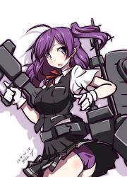 Rule 34 | 1girl, 547th sy, ahoge, ass, black skirt, black vest, dated, dress shirt, gloves, hagikaze (kancolle), kantai collection, long hair, looking at viewer, machinery, neck ribbon, one side up, panties, pleated skirt, purple eyes, purple hair, purple panties, red ribbon, ribbon, shirt, simple background, skirt, solo, twitter username, underwear, vest, white background, white gloves, white shirt