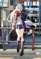 Rule 34 | 1girl, absurdres, against railing, black jacket, black skirt, blue eyes, brown footwear, brown socks, building, character name, closed mouth, commentary request, dated, day, english text, full body, grey sweater, hair between eyes, hand on own face, hand up, highres, honkai (series), honkai impact 3rd, huiqian, jacket, kiana kaslana, kneehighs, loafers, long hair, long sleeves, looking at viewer, miniskirt, open clothes, open jacket, outdoors, photo background, plaid, plaid scarf, plaid skirt, pleated skirt, ponytail, railing, red scarf, scarf, shoes, silver hair, skirt, smile, socks, solo, standing, sweater, unbuttoned, very long hair