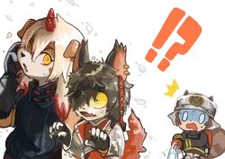 Rule 34 | !?, 2boys, aak (arknights), animal ears, arknights, buchi0122, claws, colored tips, commentary request, fingerless gloves, firefighter, firefighter jacket, furry, furry male, gloves, holding, holding hose, horns, hose, hung (arknights), jacket, komainu boy, komainu ears, komainu tail, looking at another, looking back, multicolored hair, multiple boys, shaw (arknights), shirt, single horn, sleeveless, sleeveless shirt, squirrel ears, squirrel girl, squirrel tail, surprised, sweatdrop, tail, water, wet, wet clothes, wet tail, white background