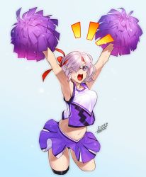 Rule 34 | 1girl, armpits, azusa (hws), blue background, cheerleader, fate/grand order, fate (series), glasses, hair over one eye, headband, mash kyrielight, mash kyrielight (muscle cavalier), official alternate costume, pink hair, pom pom (cheerleading), purple eyes, short hair, simple background, skirt, solo