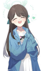 Rule 34 | 1girl, absurdres, airi (band) (blue archive), airi (blue archive), black hair, blue archive, blue jacket, blush, facing viewer, halo, heart, highres, jacket, long hair, mimizuku (mmiganaru), official alternate costume, open clothes, open jacket, open mouth, pleated skirt, shirt, simple background, skirt, sleeves past fingers, sleeves past wrists, smile, solo, spoken heart, teeth, upper teeth only, white background, white shirt, white skirt