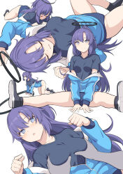Rule 34 | 1girl, all fours, black footwear, black shirt, blue archive, blue buruma, blue jacket, blush, breasts, buruma, closed eyes, grabbing, grabbing another&#039;s breast, half updo, halo, highres, id card, jacket, lanyard, long hair, long sleeves, looking at viewer, lying, medium breasts, multiple views, off shoulder, on back, open mouth, parted bangs, partially unzipped, ponytail, purple eyes, purple hair, shirt, shiseki hirame, shoes, short sleeves, sidelocks, sitting, sneakers, spread legs, star sticker, sticker on face, thighs, track jacket, yuuka (blue archive), yuuka (track) (blue archive)