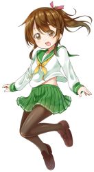 Rule 34 | 1girl, brown eyes, brown footwear, brown hair, cosplay, green skirt, gurande (g-size), inazuma (kancolle), jumping, kantai collection, loafers, long hair, md5 mismatch, open mouth, original, pantyhose, pleated skirt, ponytail, resized, sailor collar, school uniform, serafuku, shiizu rine, shoes, simple background, skirt, solo, white background