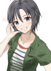 Rule 34 | 1girl, antenna hair, black eyes, black hair, blush, breast pocket, breasts, collarbone, commentary, green jacket, grin, hair between eyes, hand to head, heart, idolmaster, idolmaster (classic), jacket, kikuchi makoto, light blush, looking at viewer, mogskg, open clothes, open jacket, pocket, shirt, short hair, short sleeves, simple background, small breasts, smile, solo, striped clothes, striped shirt, tomboy, upper body, very short hair, white background, white shirt