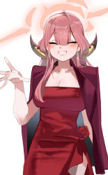 Rule 34 | 1girl, akihoop, aru (blue archive), aru (dress) (blue archive), blue archive, blunt bangs, blush, breasts, closed eyes, coat, coat on shoulders, collarbone, covered navel, demon horns, dress, earrings, halo, hand up, highres, horns, jewelry, large breasts, long hair, pink hair, pink halo, red coat, red dress, sidelocks, simple background, smile, strapless, strapless dress, teeth, white background