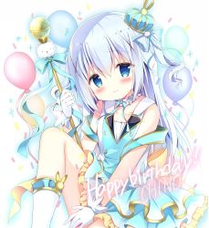 Rule 34 | 1girl, azumi kazuki, balloon, bare shoulders, blue dress, blue eyes, blue hair, blue ribbon, blush, boots, bow, breasts, character name, closed mouth, collarbone, commentary request, crown, dress, gloves, gochuumon wa usagi desu ka?, hair between eyes, hair ornament, hair ribbon, happy birthday, head tilt, holding, kafuu chino, knee up, long hair, microphone, mini crown, ribbon, sitting, sleeveless, sleeveless dress, small breasts, smile, solo, tilted headwear, two side up, very long hair, white footwear, white gloves, x hair ornament, yellow bow