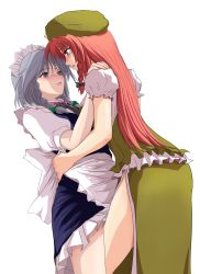 Rule 34 | 2girls, absurdres, apron, blue eyes, blush, braid, china dress, chinese clothes, dress, embodiment of scarlet devil, eye contact, female focus, hair ribbon, hat, highres, hong meiling, izayoi sakuya, long hair, looking at another, maid, maid apron, multiple girls, red hair, ribbon, rp (necho), short hair, side slit, silver hair, simple background, touhou, white background, yuri