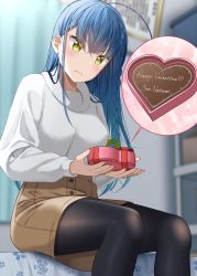 Rule 34 | &gt;:(, 1girl, ahoge, black pantyhose, blue hair, blurry, blurry background, blush, box, braid, breasts, brown skirt, candy, character name, chocolate, chocolate heart, closed mouth, commentary request, curtains, depth of field, english text, feet out of frame, food, frown, gift, gift box, gurande (g-size), hair between eyes, hair ribbon, happy valentine, heart, heart-shaped box, highres, holding, holding gift, indoors, long hair, medium breasts, on bed, original, pantyhose, ribbon, sitting, skirt, solo, sweater, turtleneck, turtleneck sweater, v-shaped eyebrows, very long hair, white sweater, yellow eyes, yellow ribbon
