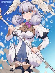 Rule 34 | 1girl, blue eyes, braid, breasts, cleavage, cowboy shot, crown braid, curly hair, dress, feathers, gradient background, grey hair, head wings, headband, highres, holding, holding staff, juliet sleeves, light blush, lips, long hair, long sleeves, melia antiqua, o-ring, puffy sleeves, see-through, see-through cleavage, short dress, simple background, smile, solo, staff, thighhighs, twitter username, white dress, wings, xenoblade chronicles (series), xenoblade chronicles 1, yaizaberry, zettai ryouiki