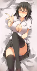 Rule 34 | 1girl, :o, ass, ayyh, bed sheet, black hair, blush, breasts, brown eyes, bursting breasts, cleavage, collarbone, glasses, half-closed eyes, highres, looking at viewer, lying, miniskirt, on back, open mouth, outstretched arm, pleated skirt, skirt, skirt tug, solo, sweat, thighhighs