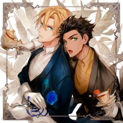Rule 34 | 2boys, arm around shoulder, bird, black hair, black jacket, blonde hair, blue eyes, blue flower, blue jacket, blue rose, braid, butler, claude von riegan, closed mouth, danhu, dark-skinned male, dark skin, dimitri alexandre blaiddyd, earrings, fire emblem, fire emblem: three houses, flower, formal, framed, gloves, green eyes, hair between eyes, highres, holding, holding flower, holding plate, holding teapot, jacket, jewelry, long sleeves, looking at viewer, male focus, multiple boys, nintendo, open mouth, outside border, plate, pocket square, rose, shirt, short hair, signature, single braid, sleeve cuffs, spill, sugar cube, teapot, tongue, tongue out, upper body, white background, white gloves, white shirt, yellow shirt