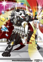 Rule 34 | 1boy, animal ears, armor, cape, circlet, company name, fangs, feathers, force of will, furry, furry male, gem, highres, male focus, official art, open mouth, panda, panda ears, solo, sparkle, sword, teeth, weapon, yamamoto naoki (bassman naoki)