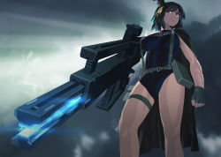 Rule 34 | 1girl, anti-materiel rifle, backlighting, belt, belt pouch, black gloves, black hair, blew andwhite, breasts, cannon, clenched hand, cloud, commentary request, cosplay, dark-skinned female, dark skin, electricity, energy, fingerless gloves, foreshortening, fortune (metal gear), fortune (metal gear) (cosplay), from behind, frown, gloves, glowing, gun, hair ribbon, halterneck, huge gun, huge weapon, impossible clothes, impossible leotard, irony, jacket, jacket on shoulders, kantai collection, large breasts, leotard, looking at viewer, magnetic weapon, mercenary, metal gear (series), metal gear solid 2: sons of liberty, military, military uniform, navy, outdoors, paramilitary, pouch, railgun, red eyes, revealing clothes, ribbon, rifle, short hair, sky, sniper rifle, solo, standing, suspenders, thigh strap, turtleneck, uniform, weapon, yamashiro (kancolle)