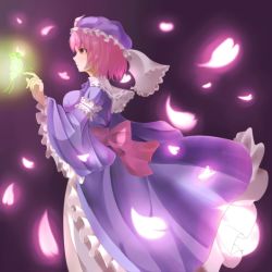 Rule 34 | 1girl, breasts, bug, butterfly, cherry blossoms, female focus, hat, highres, insect, japanese clothes, long sleeves, nicoby, obi, open mouth, petals, pink eyes, pink hair, ribbon, saigyouji yuyuko, sash, short hair, solo, touhou, triangular headpiece, wide sleeves