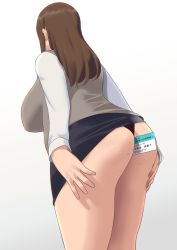 Rule 34 | 1girl, ass, between buttocks, black panties, breasts, brown hair, card, clothes lift, commentary request, from behind, highres, large breasts, long hair, mole, mole on ass, original, panties, pink background, ryokucha michi, skirt, skirt lift, solo, thighs, translation request, underwear, white background