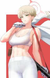 Rule 34 | 1girl, abs, anagumasan, bad id, bad twitter id, blonde hair, character request, collarbone, copyright request, cowboy shot, gloves, gun, highres, holding, holding clothes, holding jacket, jacket, navel, parted lips, short hair, solo, tank top, weapon, white gloves, yellow eyes