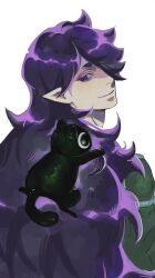 Rule 34 | 1boy, bad id, bad twitter id, black cat, black eyes, cat, fengxi (the legend of luoxiaohei), hair over one eye, highres, long hair, luo xiaohei, pointy ears, purple hair, shadow, simple background, smile, ssssmaruhoho, luo xiaohei zhanji, upper body, white background