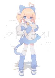 Rule 34 | 1girl, :o, absurdres, ahoge, animal ears, apron, backpack, bag, bandaid, bandaid on clothes, bandaid on knee, bandaid on leg, bell, blue collar, blue dress, blue eyes, blue hairband, blue mittens, blue thighhighs, cake, cake slice, cat ears, cat girl, cat tail, collar, cowbell, daizu (melon-lemon), detached ahoge, dress, fake animal ears, food, full body, hair between eyes, hair ornament, hairband, heart, heart ahoge, highres, holding, holding cake, holding food, holding plate, leg warmers, looking at viewer, medium hair, mittens, neck bell, no nose, orange hair, original, parted lips, plate, puffy short sleeves, puffy sleeves, ribbon, shadow, shoes, short dress, short sleeves, sidelocks, simple background, solo, standing, tail, tail ornament, tail ribbon, thighhighs, translation request, twintails, uwabaki, waist apron, white apron, white background, white bag, white footwear, white ribbon, white thighhighs, x hair ornament, zettai ryouiki