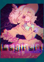 Rule 34 | 1girl, anaglyph, bad id, bad twitter id, curly hair, distortion, english text, eyeball, eyelashes, frills, hair over one eye, hat, heart, heart of string, komeiji koishi, kuyuru (vocalo520), long sleeves, looking at viewer, one eye covered, open mouth, pink eyes, shirt, short hair, silver hair, skirt, smile, solo, string, text focus, third eye, touhou, wide sleeves