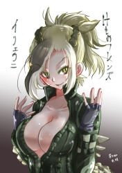 Rule 34 | 1girl, asymmetrical hair, black gloves, braid, breasts, chiki yuuko, cleavage, closed mouth, collarbone, collared jacket, crocodilian tail, dated, fingerless gloves, french braid, gloves, gradient background, green hair, green jacket, green lips, grey background, hands up, high collar, high ponytail, jacket, kemono friends, large breasts, lipstick, long hair, long sleeves, looking at viewer, makeup, multicolored hair, partially unzipped, saltwater crocodile (kemono friends), sidelocks, simple background, slit pupils, smile, solo, spikes, tail, upper body, v-shaped eyebrows, zipper, zipper pull tab