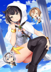 Rule 34 | &gt; &lt;, 3girls, :d, > <, bangle, black footwear, blue sky, boots, bracelet, breasts, brown hair, capelet, chibi, cleavage, cloak, clothes writing, cloud, column, cosplay, day, fate/grand order, fate (series), grey eyes, hair flaps, hatsuzuki (kancolle), headband, highres, hildr (fate), hildr (fate) (cosplay), hood, hood down, hood up, hooded capelet, jewelry, kantai collection, light brown hair, long hair, medium breasts, multiple girls, open mouth, ortlinde (fate), ortlinde (fate) (cosplay), pillar, short hair, silver hair, sky, smile, suzutsuki (kancolle), teruzuki (kancolle), thigh boots, thighhighs, thrud (fate), thrud (fate) (cosplay), valkyrie (fate), white capelet, xd, yasume yukito, yellow eyes