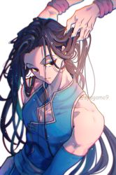Rule 34 | black eyes, black hair, chinese clothes, detached sleeves, hisoka morow, hunter x hunter, illumi zoldyck, kuo tasuku, long hair, male focus, messy hair, out of frame, solo focus, trap, white background