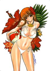 Rule 34 | 00s, 1girl, 2004, ball, beachball, bent over, bikini, blush, breasts, brown eyes, cleavage, cowboy shot, dated, floral background, flower, flower necklace, hair flower, hair ornament, head tilt, hibiscus, highres, jewelry, kino hitoshi, large breasts, long hair, looking at viewer, navel, necklace, orange hair, red hair, side-tie bikini bottom, smile, solo, swimsuit, white bikini