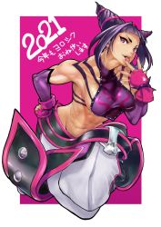 Rule 34 | 1girl, 2021, abs, baggy pants, belt, biceps, black hair, bokkusu, border, bracelet, breasts, chinese clothes, commentary request, detached sleeves, drill hair, dudou, fingerless gloves, gloves, han juri, jewelry, large breasts, licking, licking finger, multiple belts, muscular, muscular female, outside border, pants, pink background, purple eyes, short hair, sideboob, solo, spiked bracelet, spikes, street fighter, street fighter iv (series), teeth, tongue, tongue out, twin drills, upper teeth only, white border