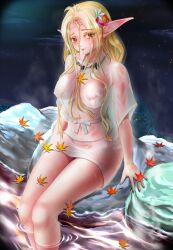 Rule 34 | 1girl, absurdres, blonde hair, blush, breasts, closed mouth, edomae elf, eldali ilma fanomenel, elf, highres, large breasts, long hair, looking at viewer, miharin, pointy ears, red eyes, see-through, smile, solo, wet, wet clothes