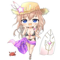Rule 34 | 1girl, bikini, black bikini, black footwear, blue eyes, blush, bracelet, breasts, character request, chibi, circlet, cleavage, commentary request, crab, cube, full body, gold, hands on own cheeks, hands on own face, hat, hop step jumpers, jewelry, large breasts, lets0020, light brown hair, long hair, looking at viewer, open mouth, planted surfboard, purple sarong, sandals, sarong, simple background, solo, straw hat, sun hat, surfboard, swimsuit, transparent background, wavy hair