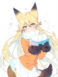 Rule 34 | 10s, 1girl, animal ears, baozi, black gloves, blonde hair, bow, buttons, covered mouth, ezo red fox (kemono friends), food, fox ears, fox tail, fur trim, gloves, hair between eyes, hands up, highres, holding, jacket, japari bun, kemono friends, long hair, long sleeves, orange hair, orange jacket, orange legwear, pleated skirt, pocket, ronopu, scarf, simple background, skirt, solo, standing, tail, upper body, very long hair, white bow, white scarf, white skirt, yellow eyes