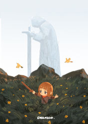 Rule 34 | 1girl, absurdres, animal, bird, blunt bangs, blush, broken, brown hair, devil lo, flower, grass, highres, holding, holding sword, holding weapon, original, outdoors, plant, rock, scarf, short hair, signature, solo, statue, sword, training, vines, weapon, wooden sword, yellow flower