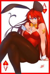 Rule 34 | 1girl, ace (playing card), ace of hearts, animal ears, azusa (hws), between breasts, blue eyes, border, braid, breasts, card, card (medium), card between breasts, female focus, heart, hong meiling, large breasts, leotard, long hair, nail polish, pantyhose, playboy bunny, playing card, rabbit ears, red border, red hair, red nails, solo, touhou, twin braids, white background, wrist cuffs