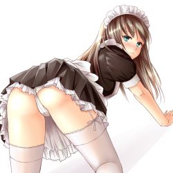 Rule 34 | 10s, 1girl, all fours, alternate costume, apron, aqua eyes, ass, bad id, bad pixiv id, bent over, black hair, blush, commentary request, enmaided, from behind, idolmaster, idolmaster cinderella girls, kurage1, long hair, looking at viewer, looking back, maid, maid apron, maid headdress, panties, shibuya rin, simple background, solo, thighhighs, underwear, upskirt, white background, white panties, white thighhighs