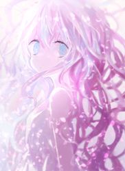 Rule 34 | 1girl, blue eyes, blue hair, cherry blossoms, commentary, dress, expressionless, from side, koneko mari, long hair, looking at viewer, looking back, multicolored hair, original, pale color, pink hair, pink theme, solo, streaked hair, symbol-only commentary, upper body, wavy hair, white dress