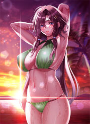 Rule 34 | 1girl, absurdres, armpits, arms up, bikini, blush, breasts, cloud, commentary request, covered erect nipples, dusk, green bikini, hair between eyes, hair ornament, hairclip, highres, large breasts, lens flare, long hair, looking at viewer, mountainous horizon, navel, ocean, open mouth, original, outdoors, palm tree, purple eyes, sidelocks, smile, solo, standing, stomach, sun, sunset, swimsuit, teeth, tree, twilight, upper teeth only, very long hair, wet, yuuzuki hijiri