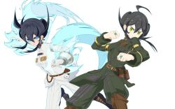 Rule 34 | 2girls, arc the lad, belt, black hair, blue eyes, breasts, closed mouth, cofffee, dual persona, earrings, green eyes, jewelry, long hair, looking at viewer, medium breasts, military uniform, multiple girls, multiple rings, protected link, ring, simple background, uniform, white background
