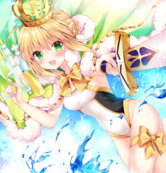 Rule 34 | 1girl, ahoge, artoria pendragon (all), artoria pendragon (fate), artoria pendragon (swimsuit archer) (fate), artoria pendragon (swimsuit archer) (third ascension) (fate), blonde hair, cape, competition swimsuit, cowboy shot, crown, fate/grand order, fate (series), green eyes, looking at viewer, nogi takayoshi, one-piece swimsuit, open mouth, saber (fate), solo, splashing, swimsuit, sword, water, water gun, weapon