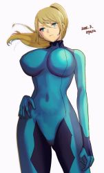 Rule 34 | 1girl, blonde hair, blue eyes, bodysuit, breasts, closed mouth, covered navel, gloves, highres, large breasts, long hair, metroid, mole, mole under mouth, nintendo, ponytail, samus aran, simple background, skin tight, solo, yamamori kinako, zero suit