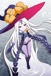 Rule 34 | 1girl, abigail williams (fate), abigail williams (third ascension) (fate), barefoot, colored skin, fate (series), hat, keyhole, long hair, looking at viewer, navel, panties, purple panties, purple skin, revealing clothes, ripples, smile, solo, taichi (kinkakuginkaku63), underwear, very long hair, water, white hair, witch hat