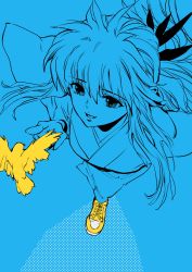 Rule 34 | 1girl, bird, blue theme, from above, highres, japanese clothes, jugemt, kimono, lips, long hair, looking to the side, low ponytail, parted lips, ponytail, sidelocks, solo, standing, yellow footwear, yukina (yu yu hakusho), yuu yuu hakusho